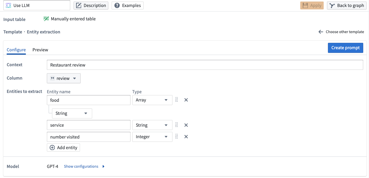 The Entity Extraction template for the Use LLM node