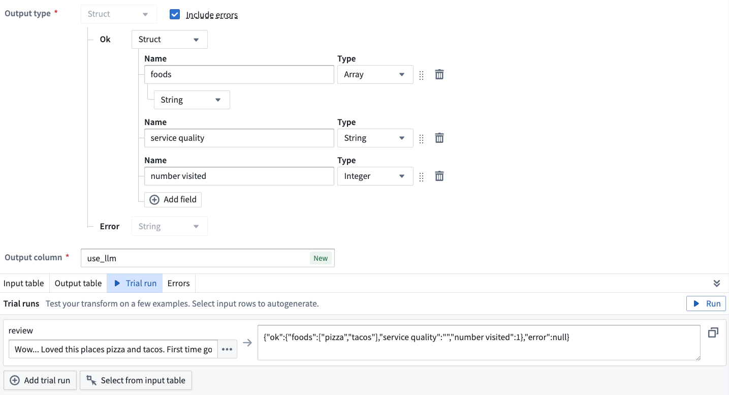 The include error option for use LLM output type