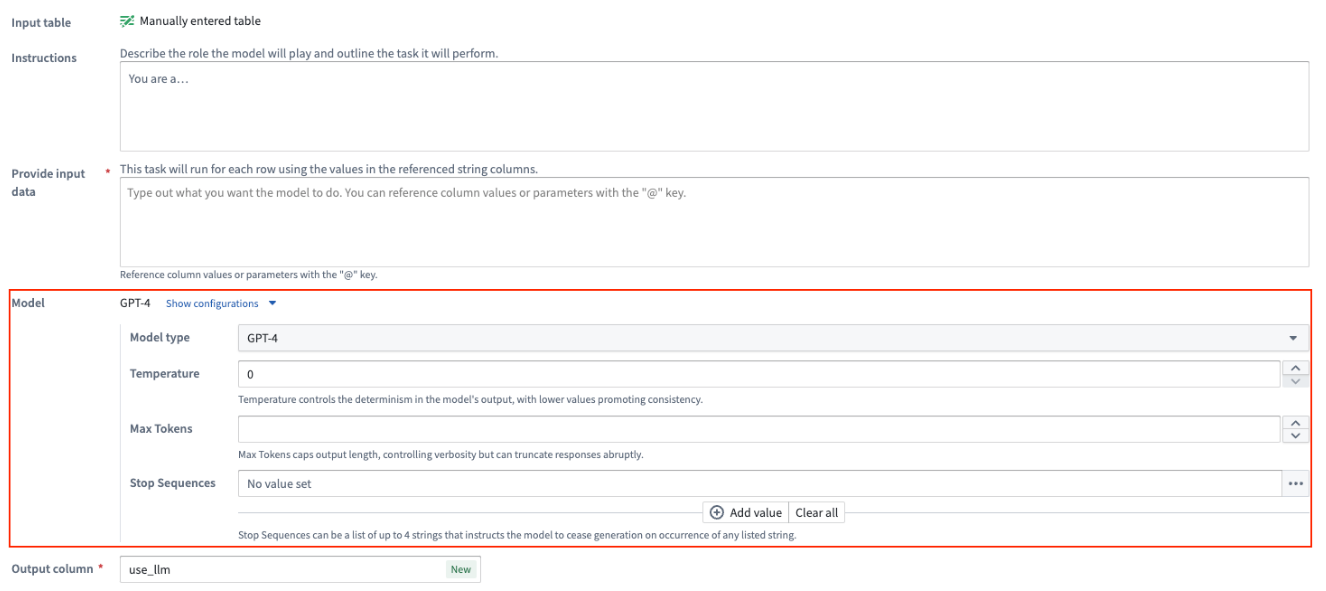 The model config for the Use LLM node