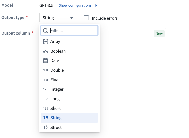 The list of output types in the use LLM prompt