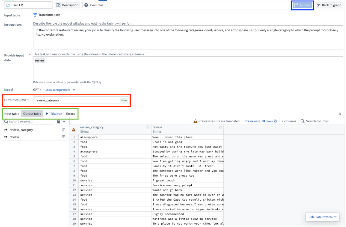 The output column and output table in the Use LLM node