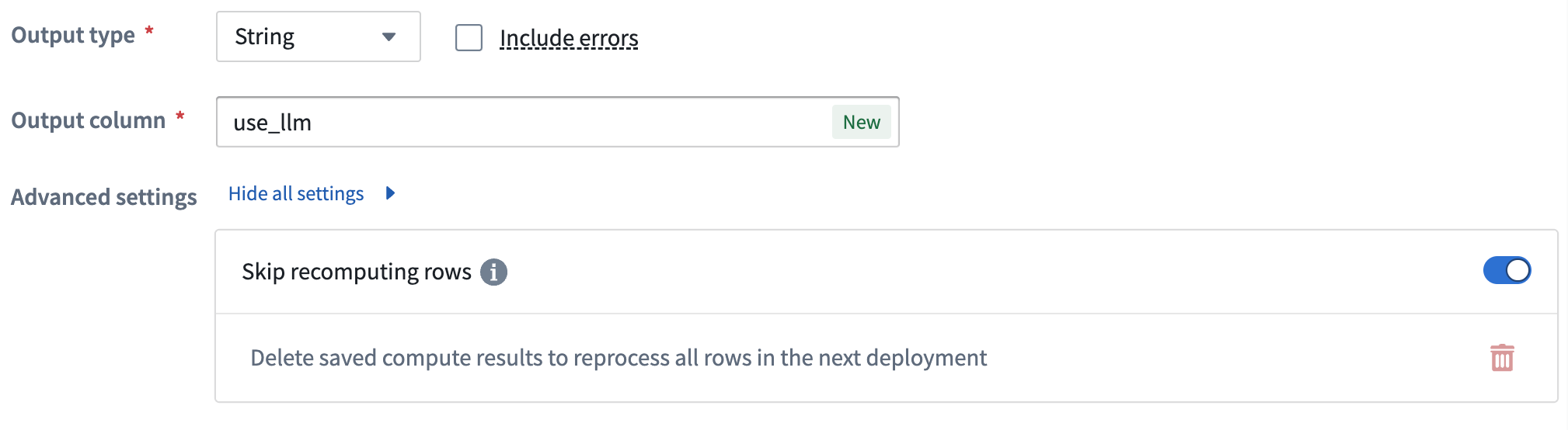 The skip recomputing rows option for the use LLM output type.