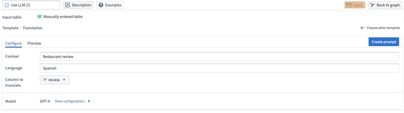 The Translation template for the Use LLM node