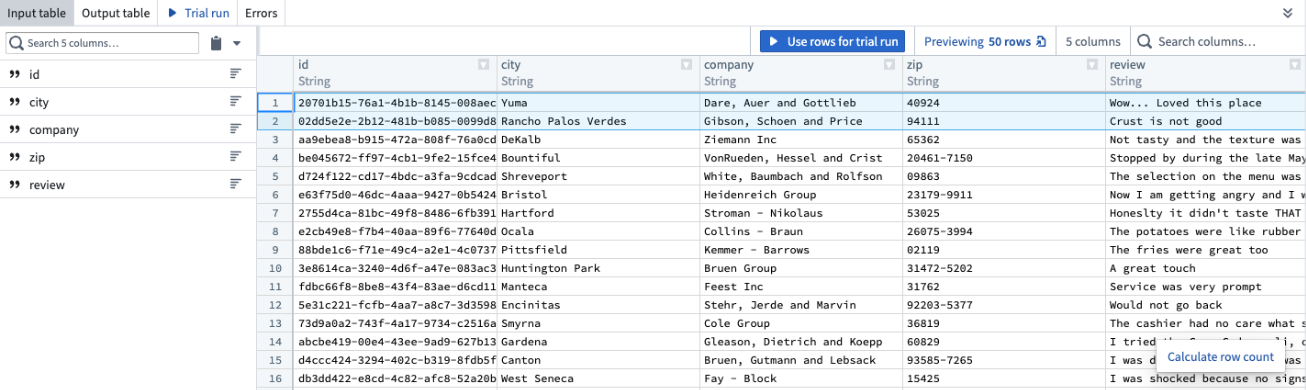 Trial run rows from input dataset for the Use LLM node