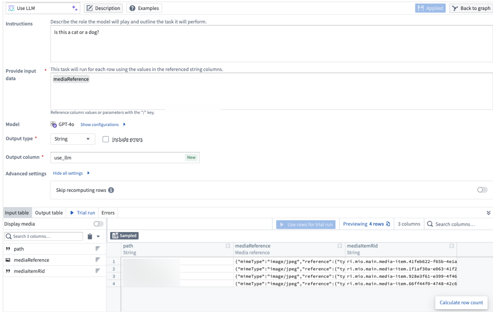 An example of a vision use case using the "Use LLM" node.