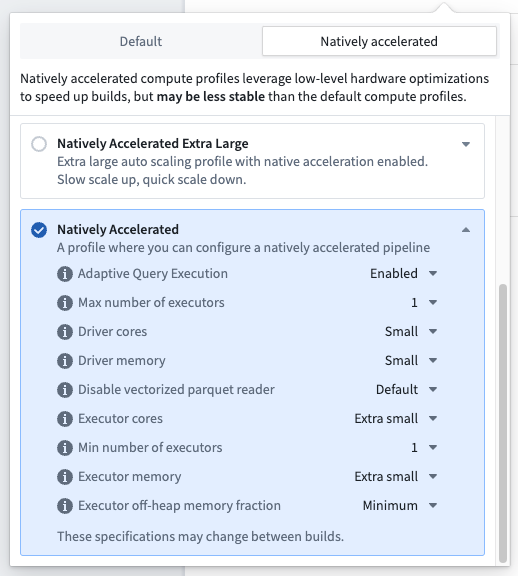 Screenshot of the Build settings dropdown