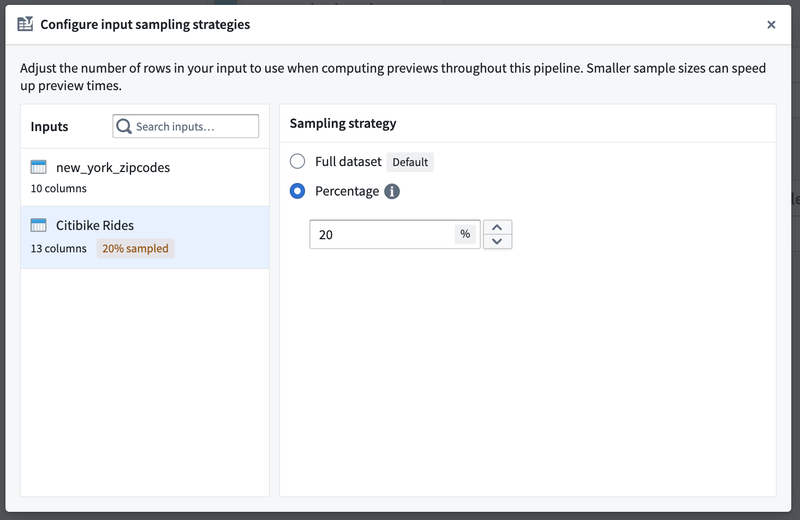 The sampling strategies dialog configured to use a 20% strategy. 