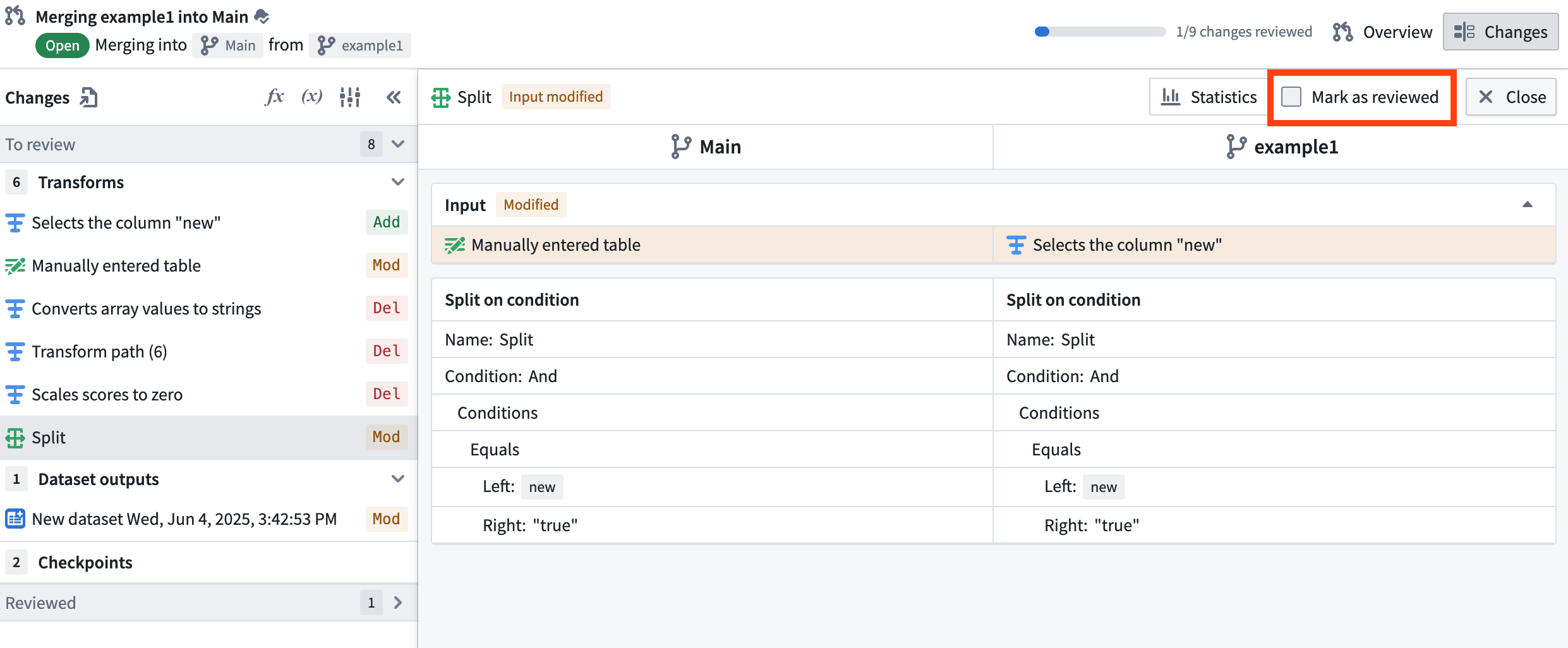 Screenshot showing the checkbox to mark a change as reviewed.