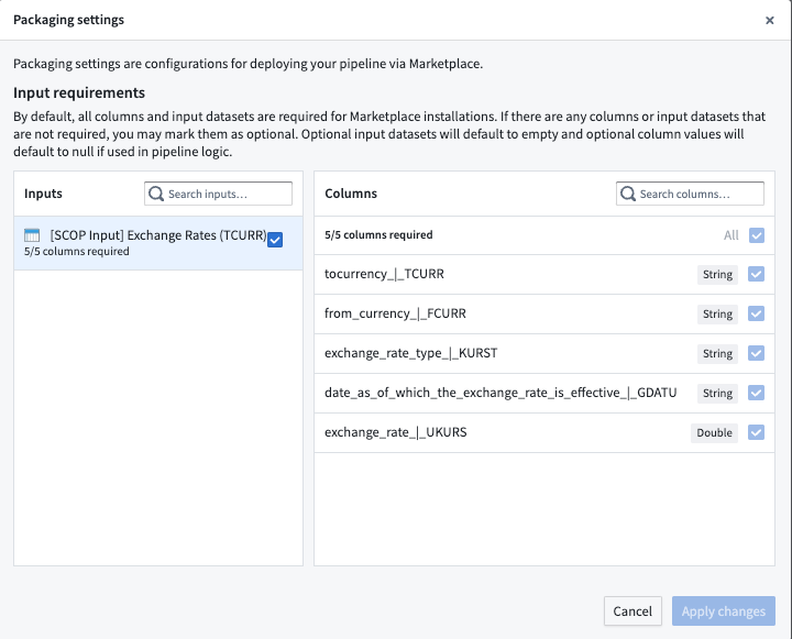 packaging settings dialog