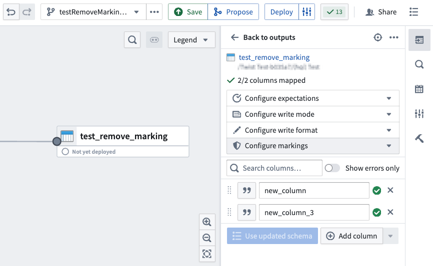 Configure Markings dropdown on Pipeline Builder output.