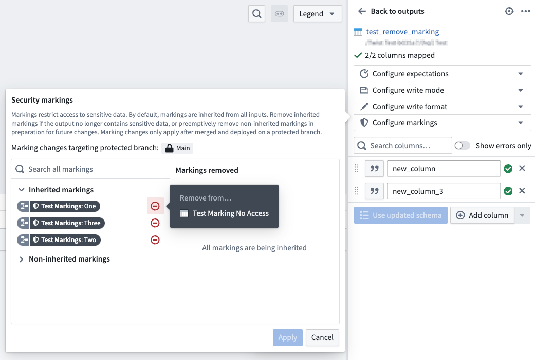 A pop-up dialog for removing Markings on an output in Pipeline Builder.