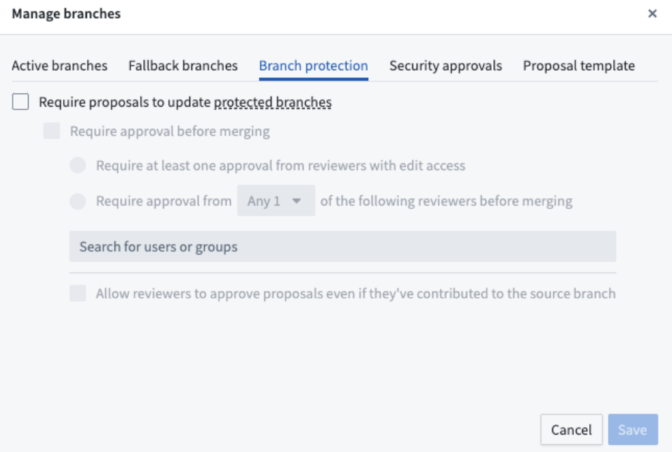 The Manage branches branch protection pop-up menu in Pipeline Builder.