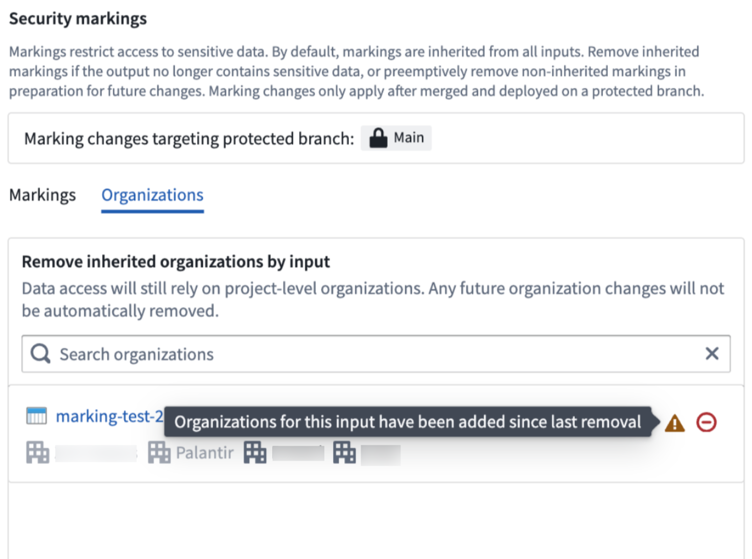 The warning icon denoting that the organizations for this input have been modified since the previous removal action.