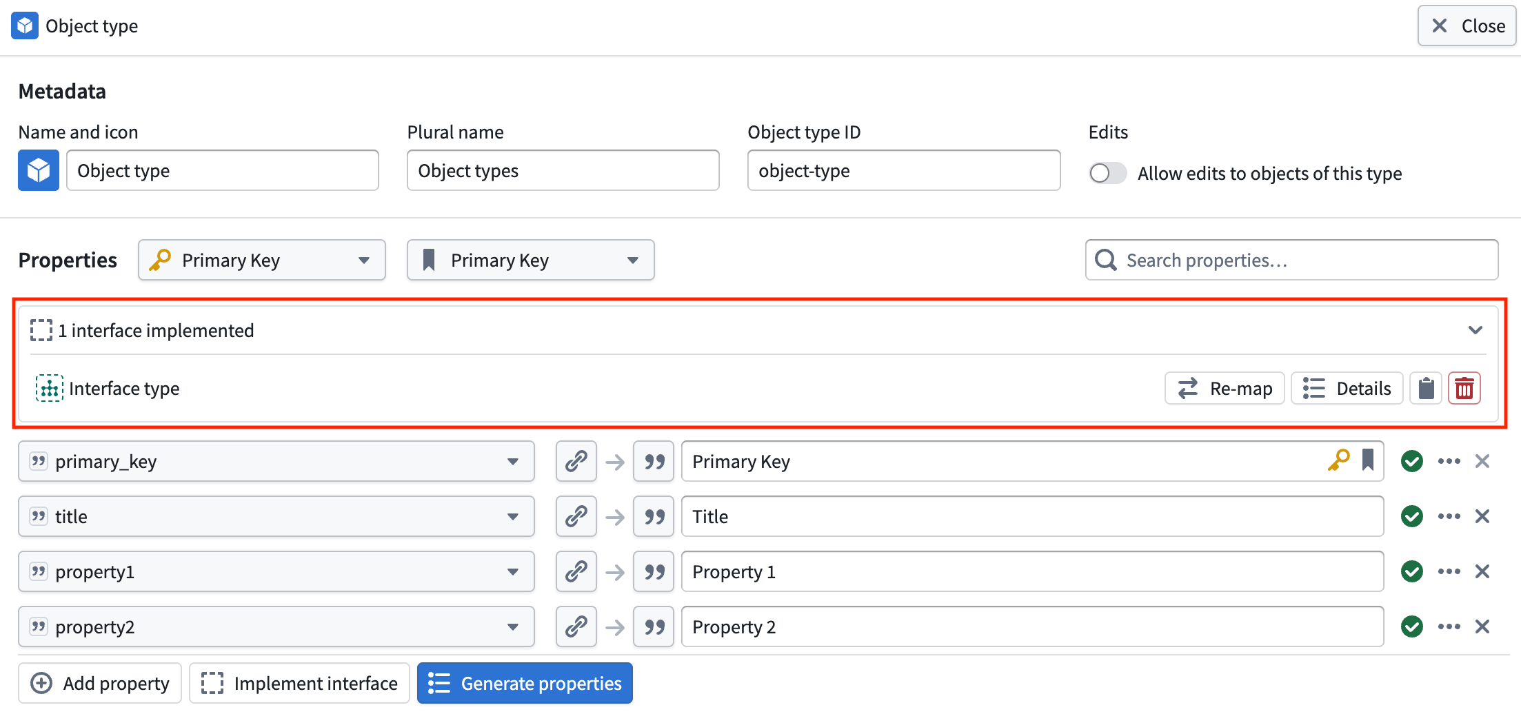 The property mapping section, this time with an information section that lists the implemented interface type.