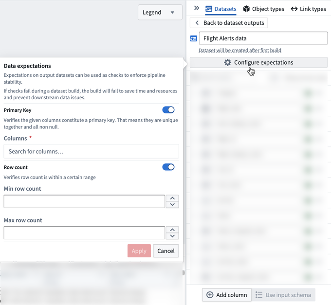 Screenshot of data expectations pane