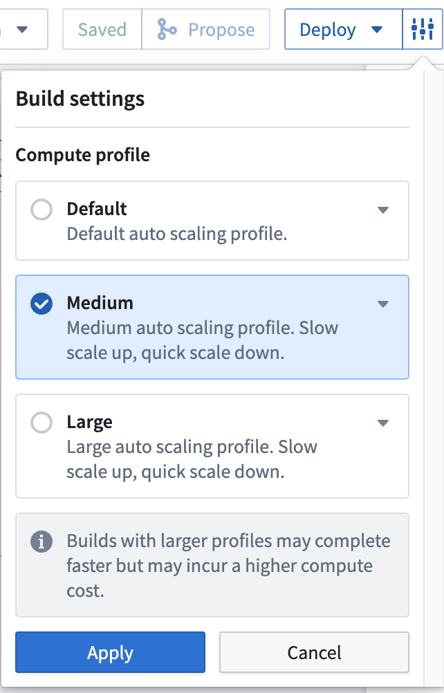 Screenshot of the Build settings dropdown