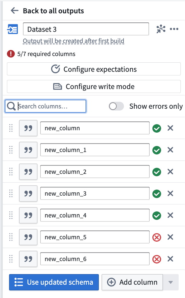 Configure dataset output with errors