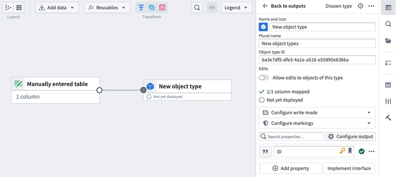 Configure object type via pipeline outputs panel.