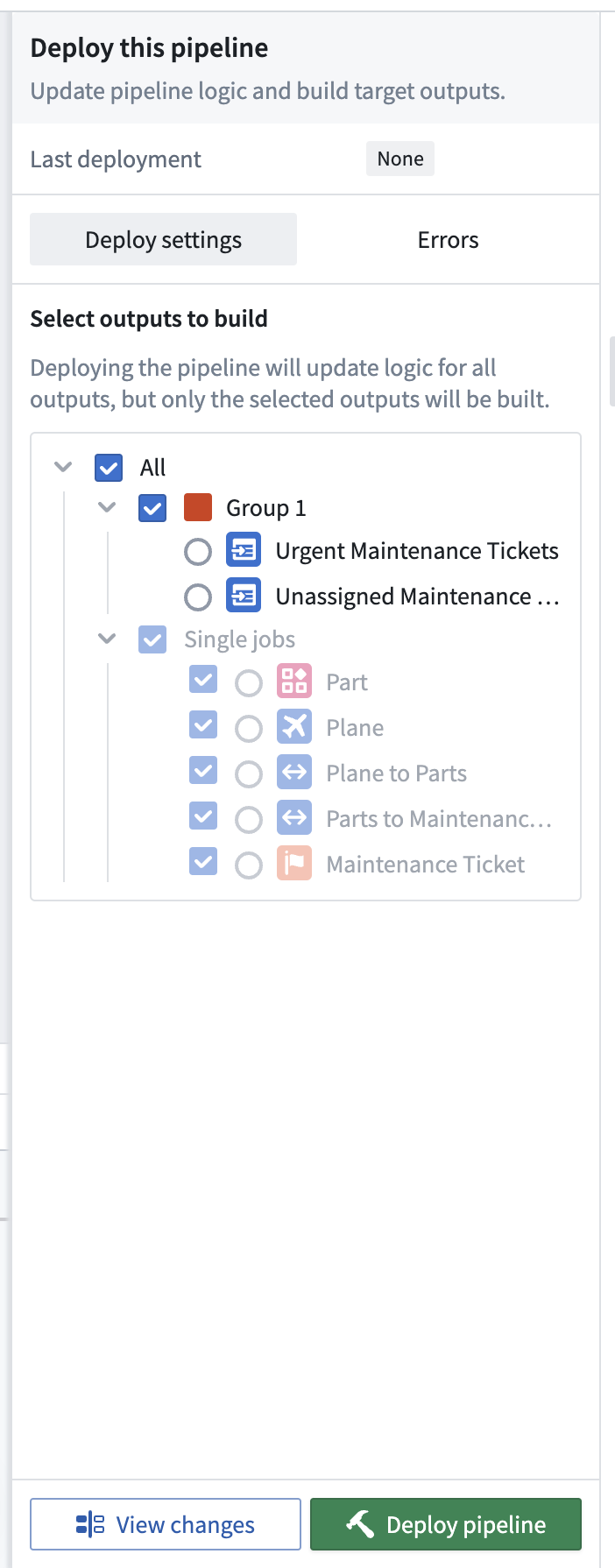 Screenshot of the Build settings dropdown