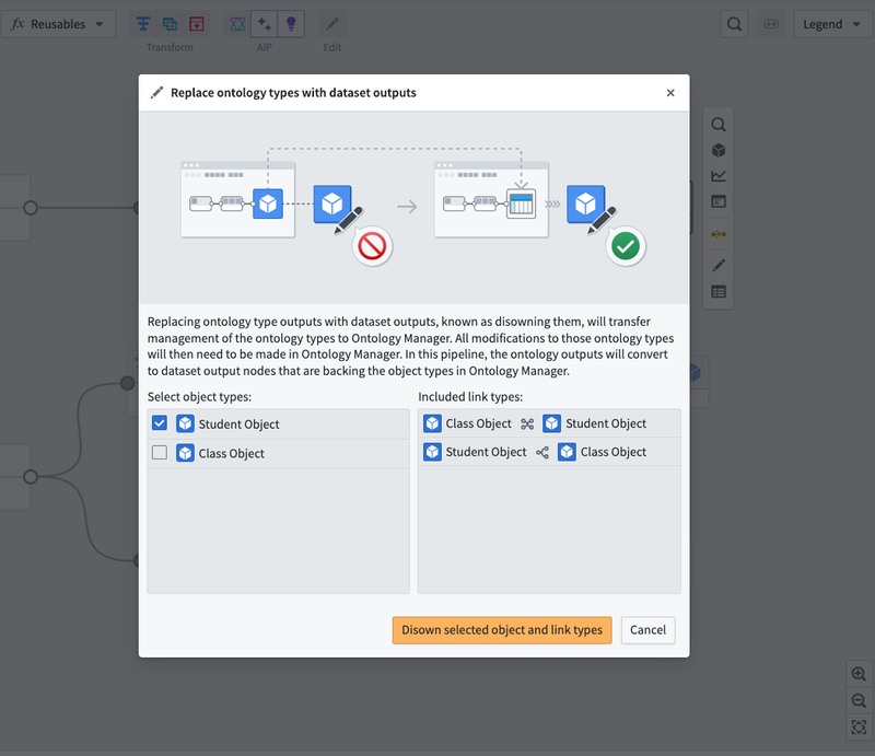 The Disown selected object and link types with the Student object type selected.