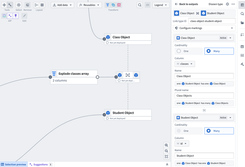 Example of a many-to-many link in Pipeline Builder.