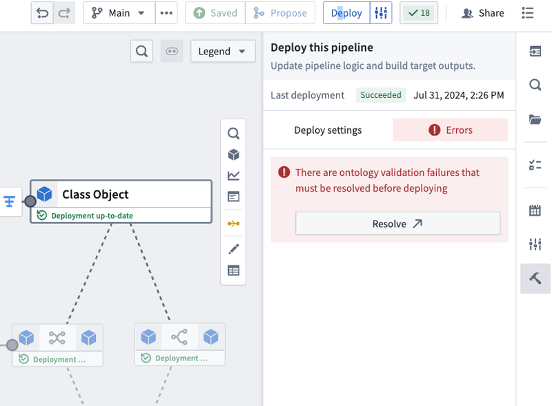 An example of an Ontology validation failure that must be resolved before deployment, and will take the user to Ontology Manager.