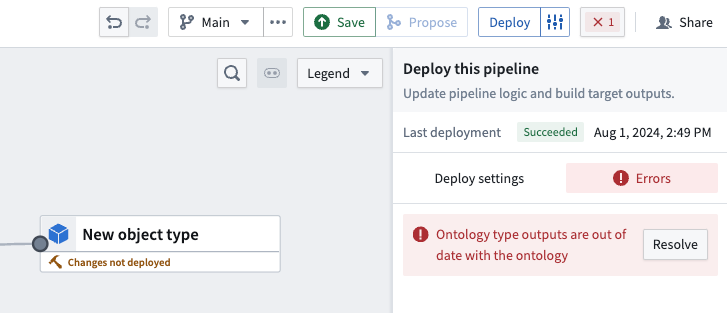 An example of the Ontology type outputs out-of-date error due to a stale pipeline after conflict resolution.