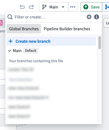 Screenshot of the branches view in Pipeline Builder.