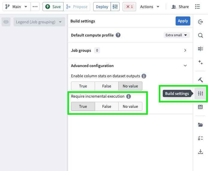 The require incremental execution setting in Pipeline Builder.