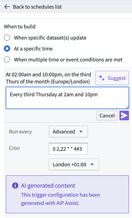 Image of schedule list configuration menu powered by AIP.