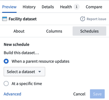 Screenshot of creating a schedule when a parent resource updates