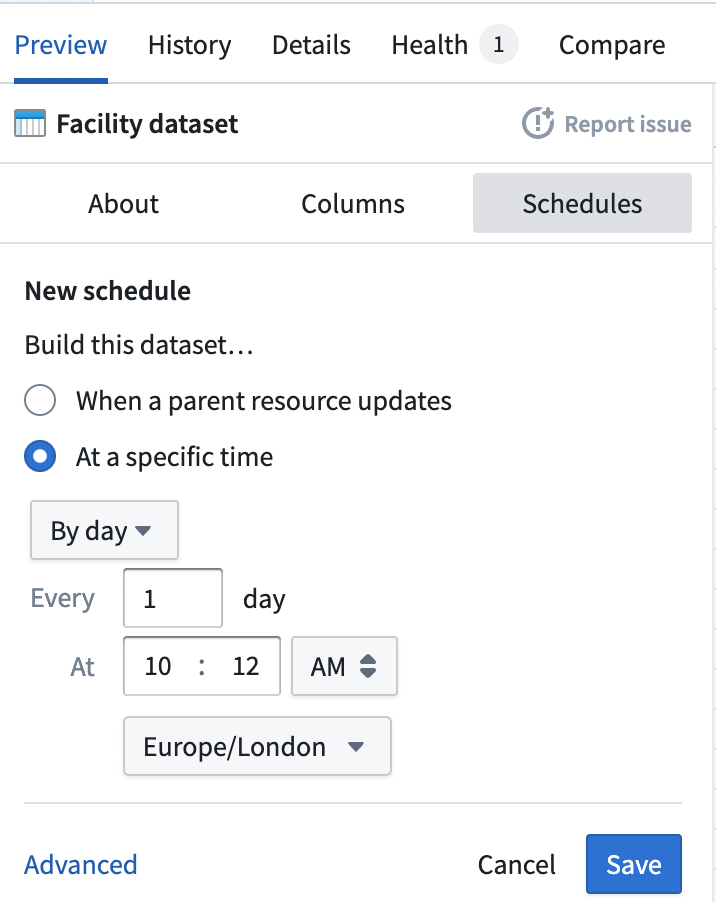 Screenshot of choosing a specific time for the schedule