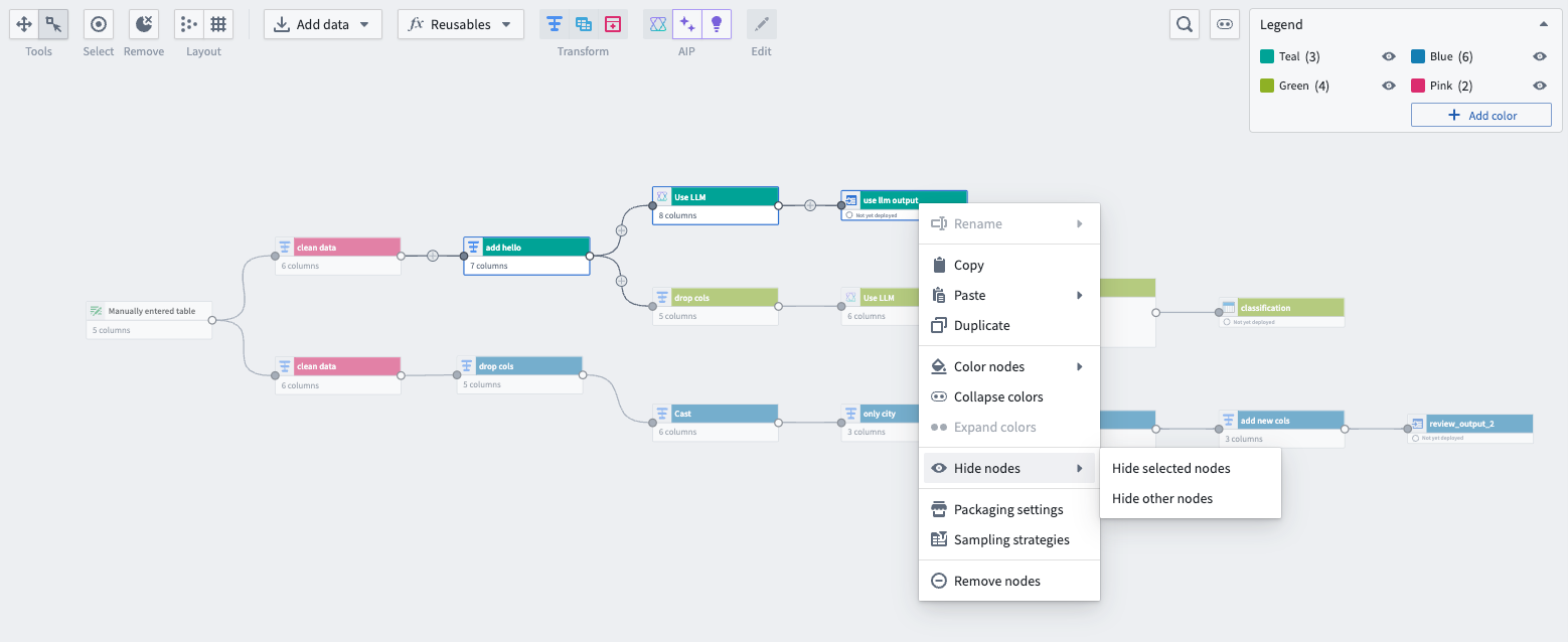 An example of selected teal nodes to be hidden in a pipeline.