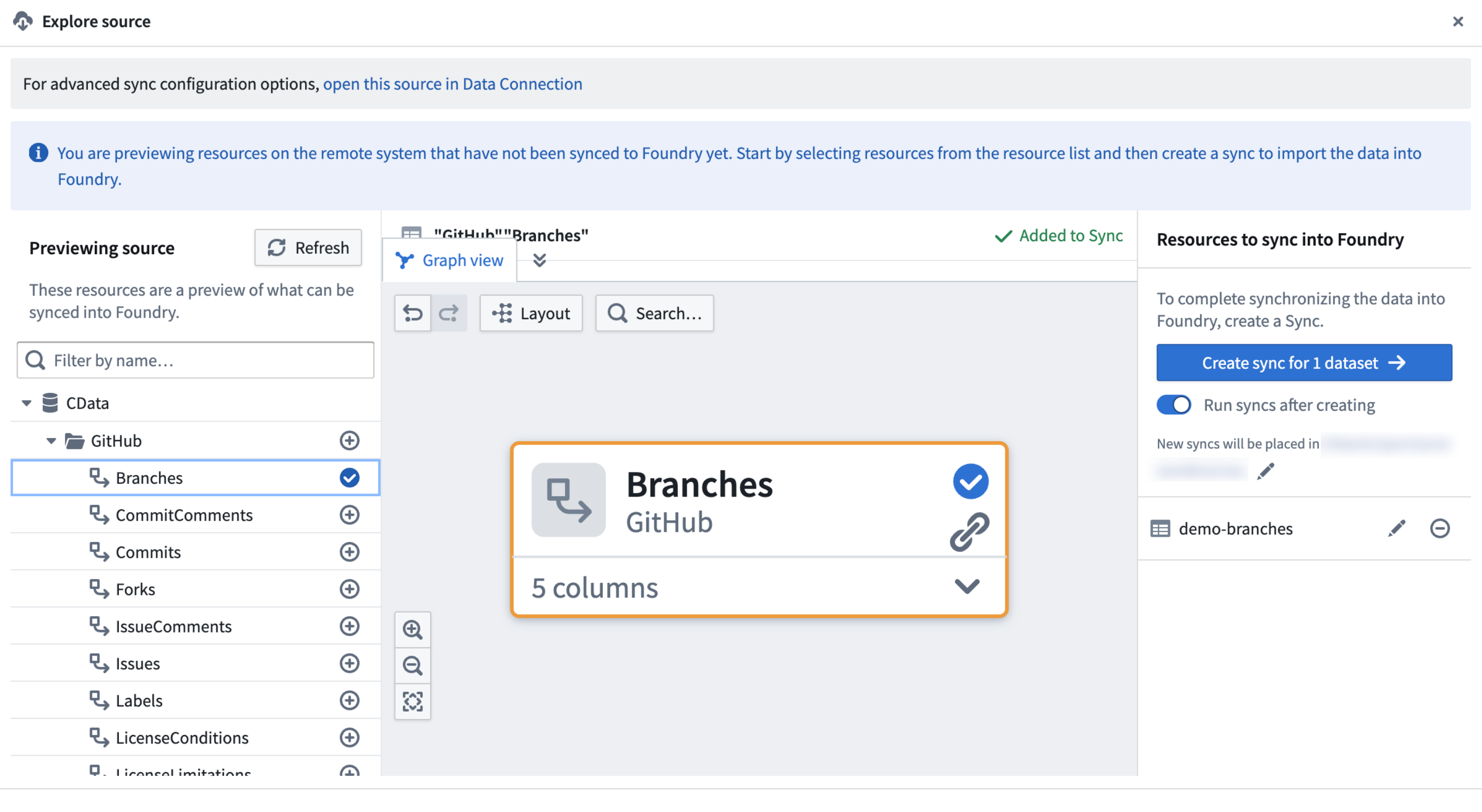 Explore source and create syncs option in dropdown.