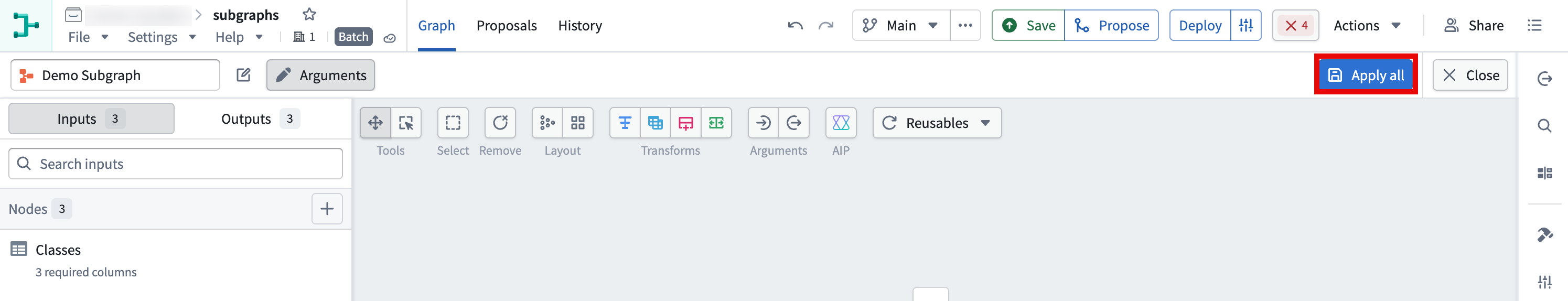 The Demo Subgraph editor shows the Apply all button highlighted in the top right.