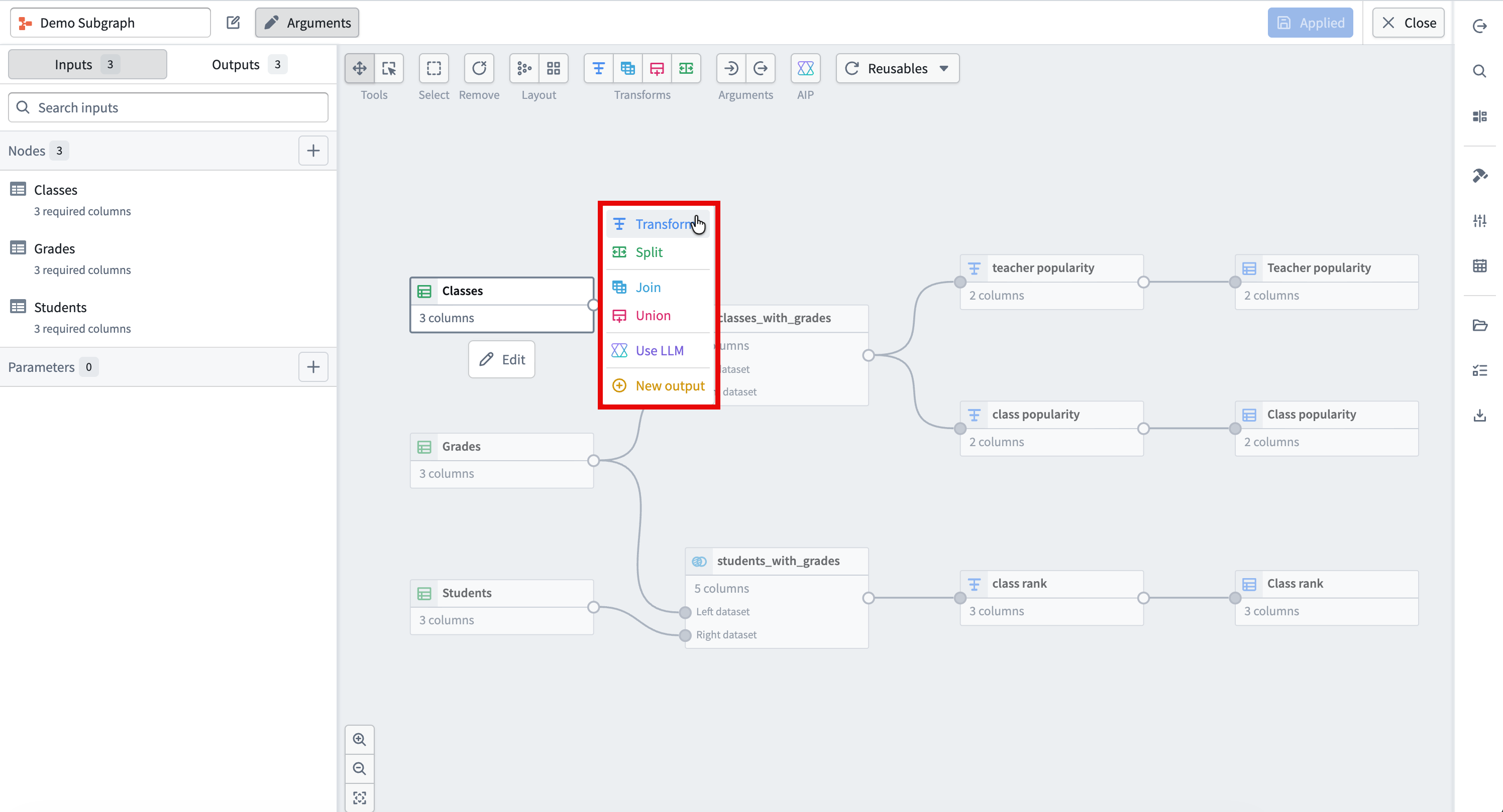 The subgraph editor shows the input node menu expanded with options to add transforms, splits, joins, unions, LLM transforms, and outputs.