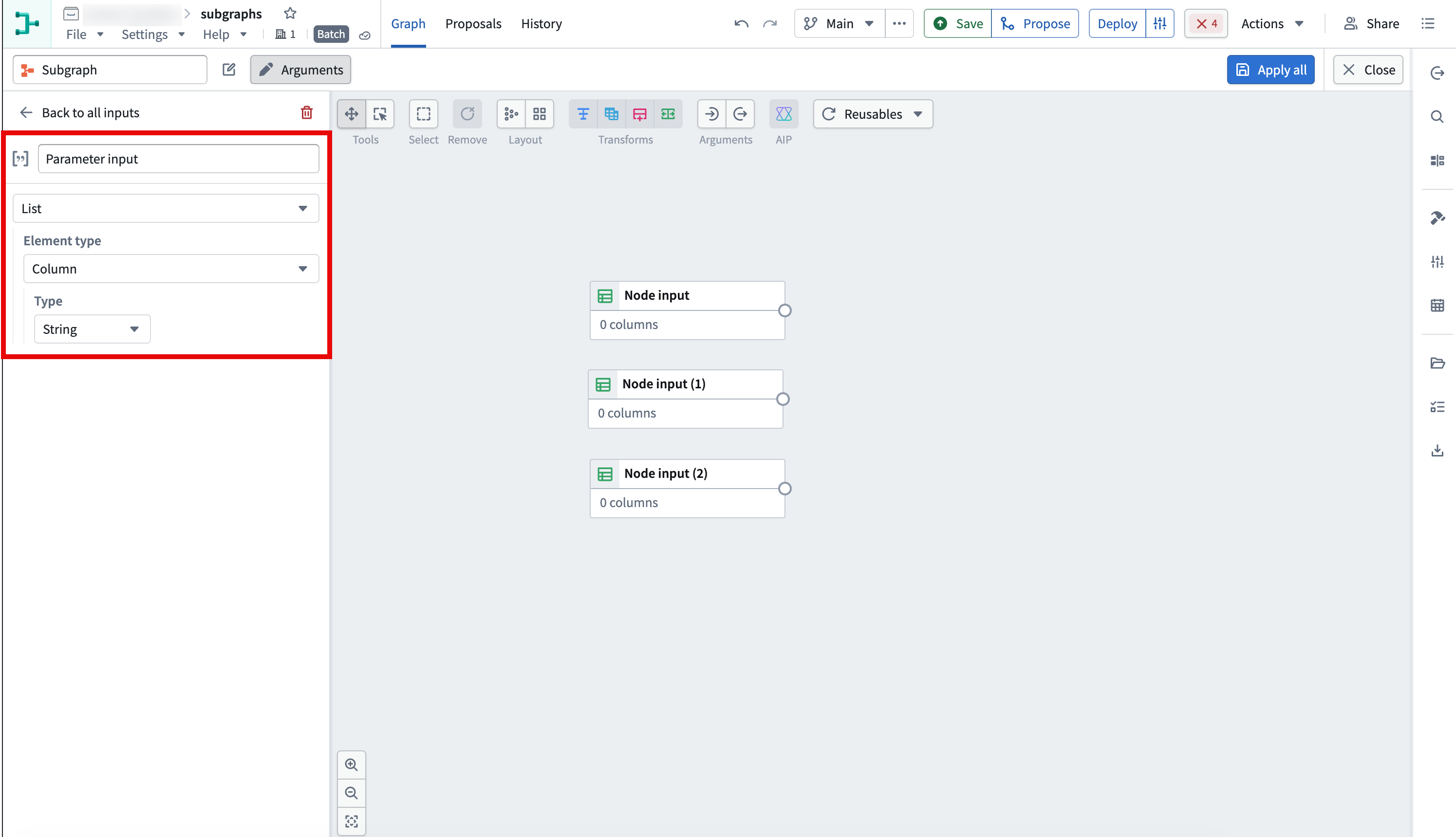 The highlighted parameter input configuration shows List selected with Column as the element type and String as the data type.