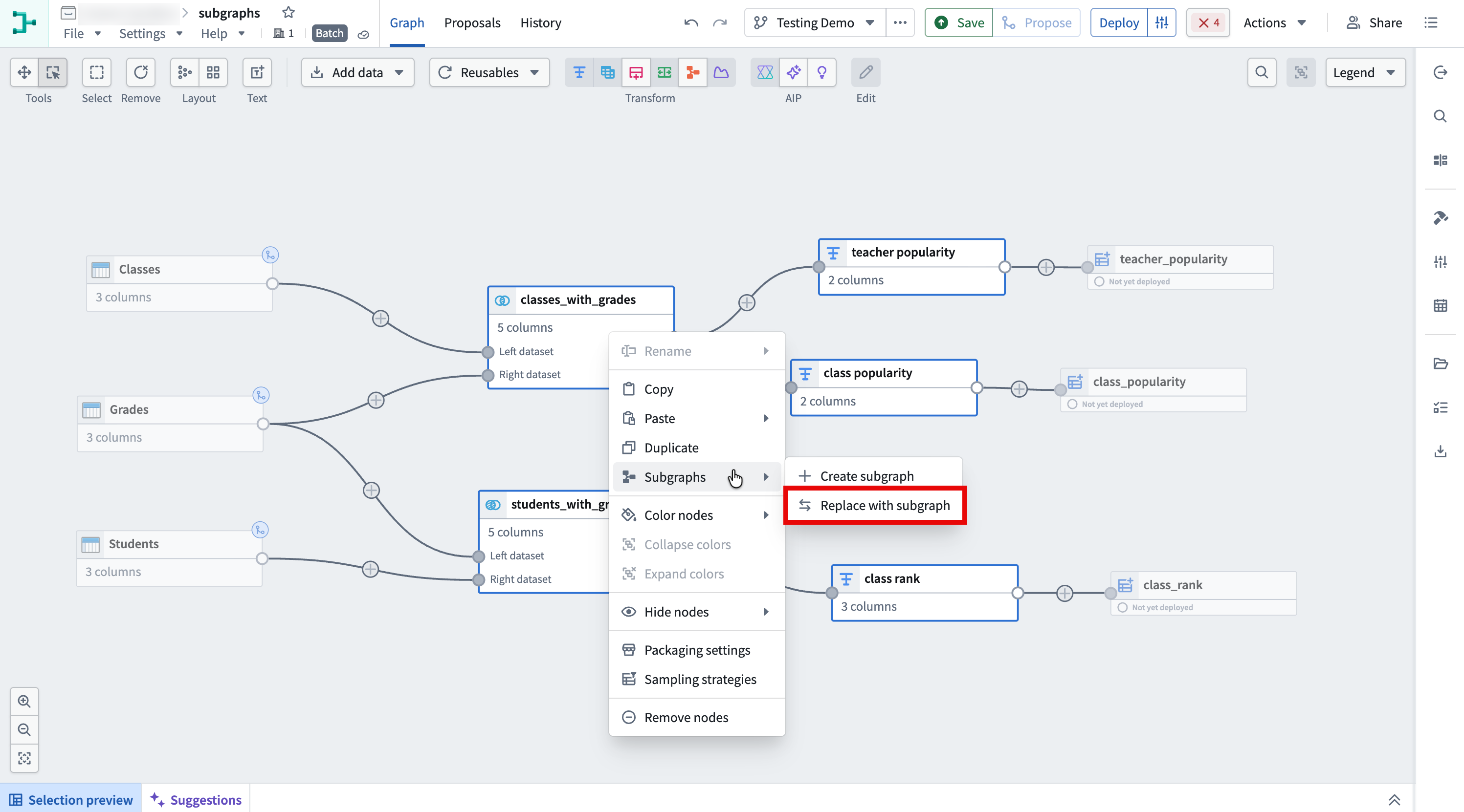 The selected transform nodes have a context menu open with the Subgraphs menu expanded and Replace with subgraph highlighted.