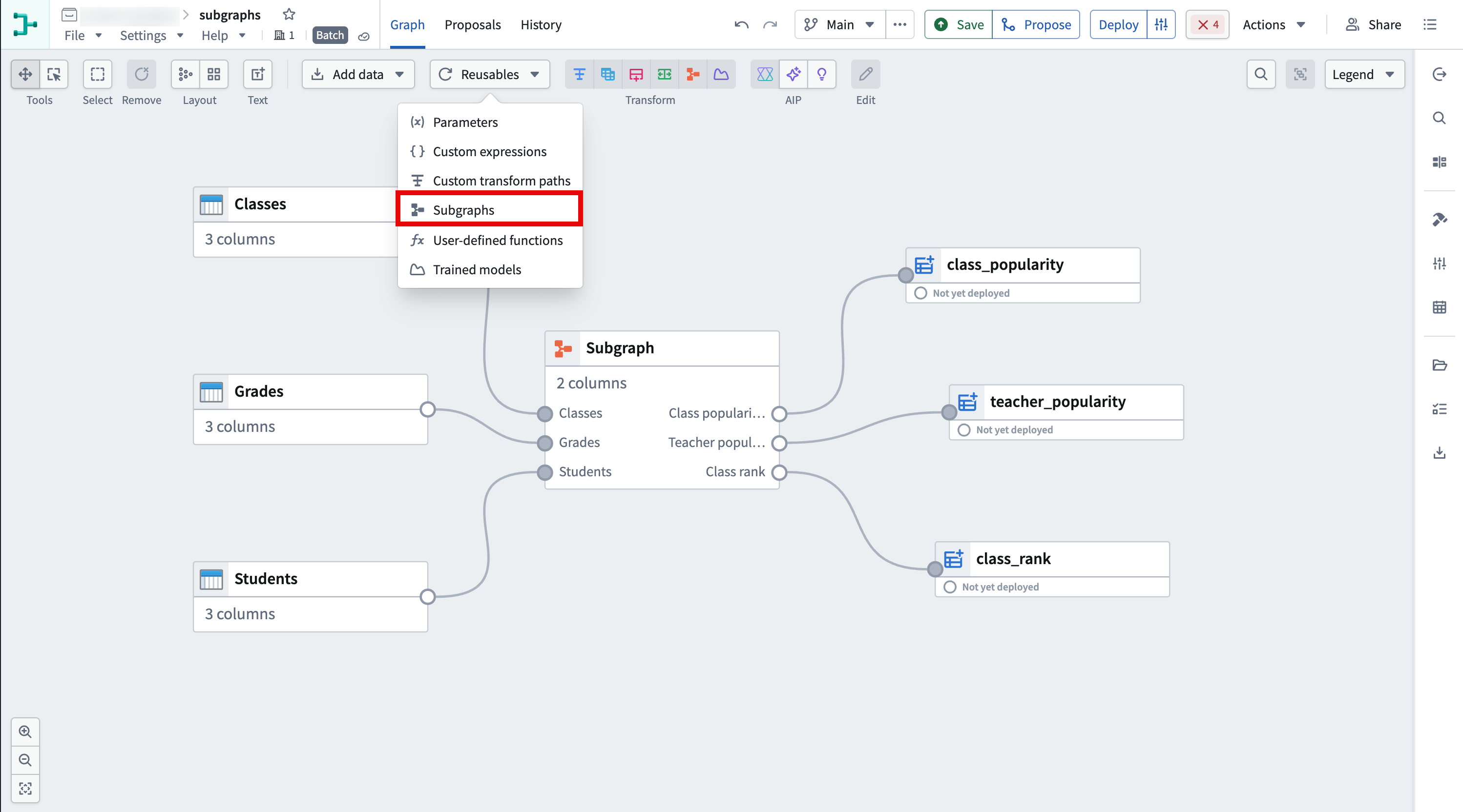 The Reusables menu is expanded in Pipeline Builder with the Subgraphs option highlighted.