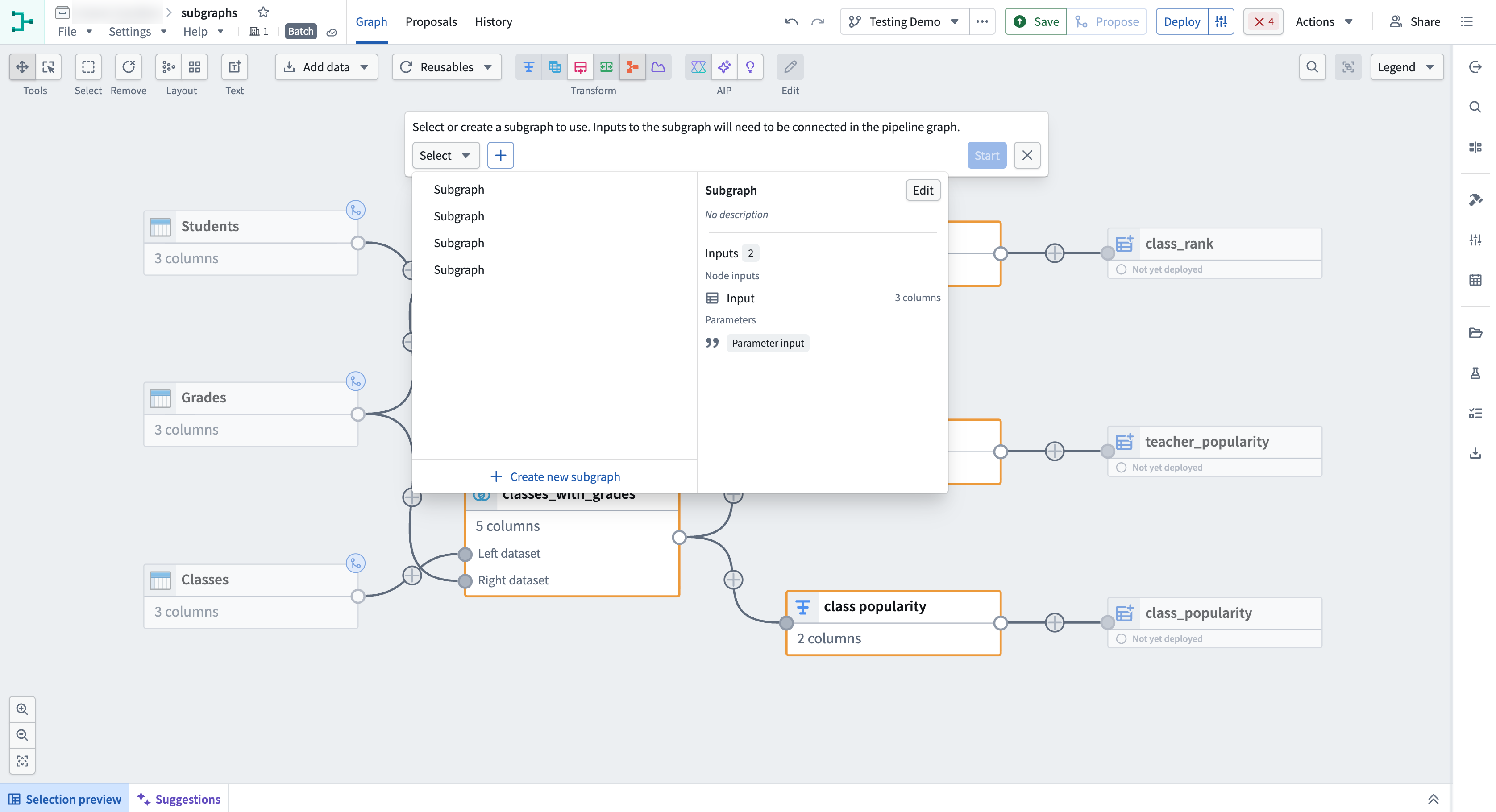 The Apply subgraph to table icon is highlighted in the Pipeline Builder toolbar, and the subgraph selection menu is open.