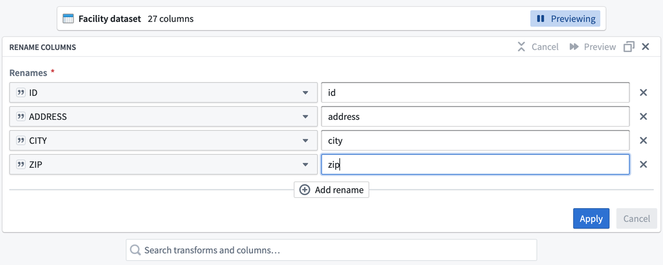 Screenshot of transforms configuration page