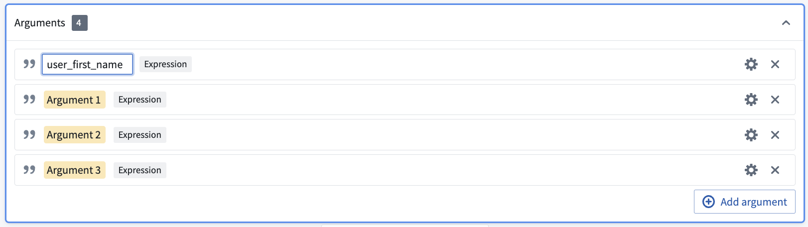 Screenshot of custom function arguments initial configuration
