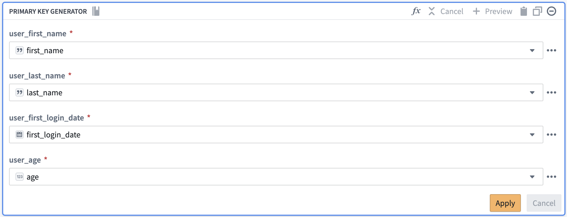 Screenshot of custom function configuration within transform path