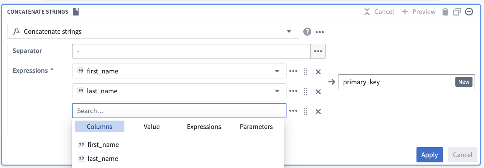 Screenshot of concatenate strings transform without date column