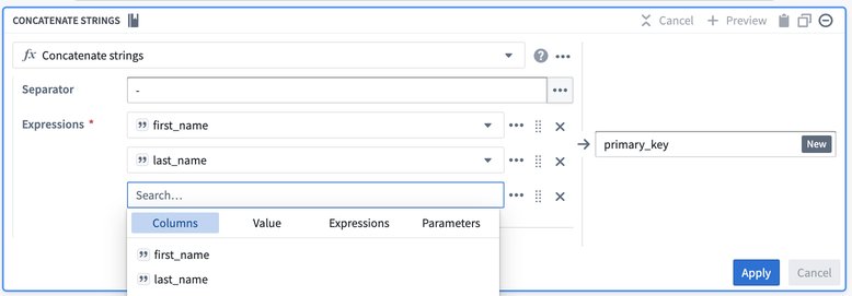 Screenshot of concatenate strings transform without date column