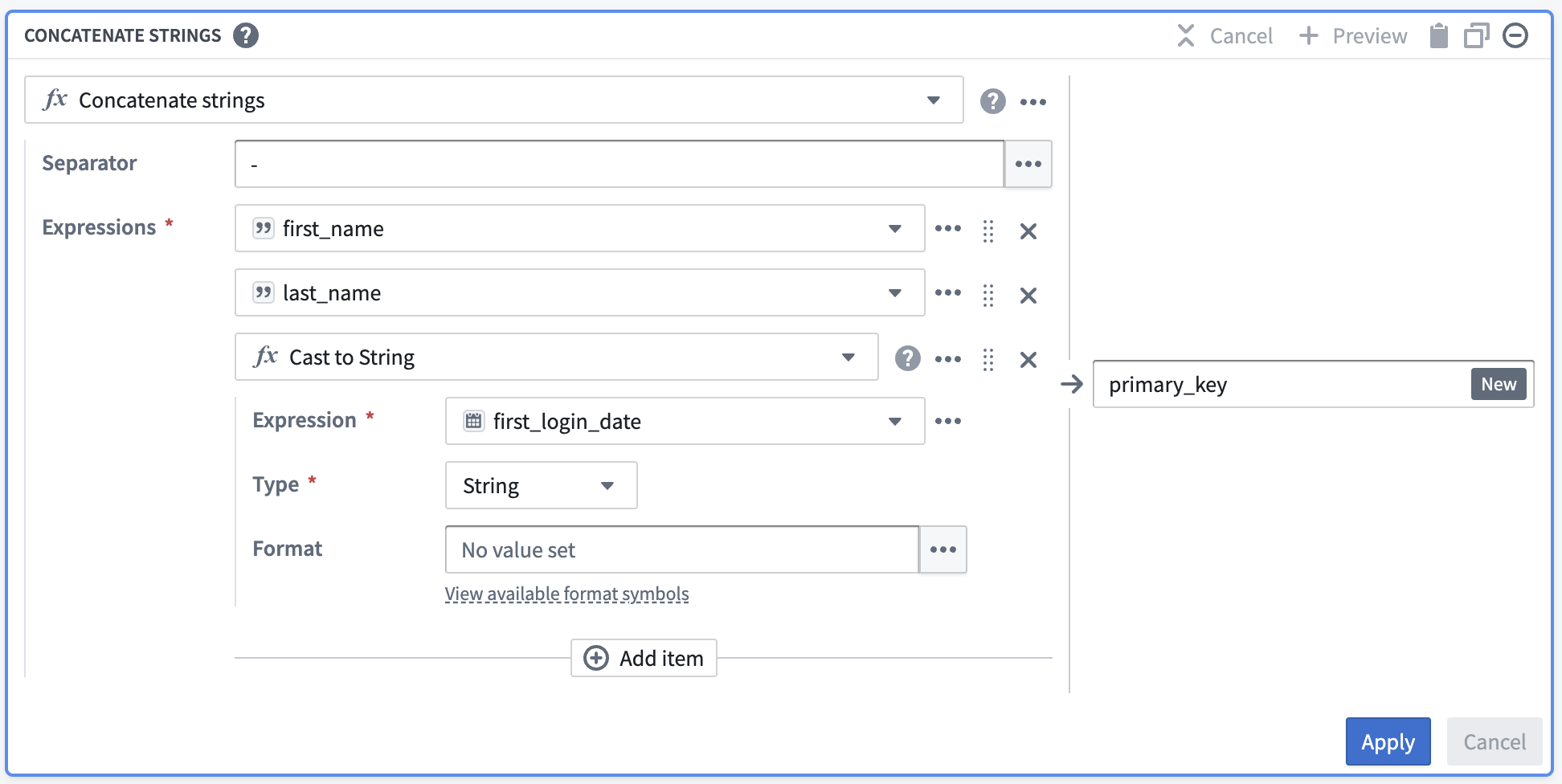 Screenshot of concatenate strings transform with cast expression