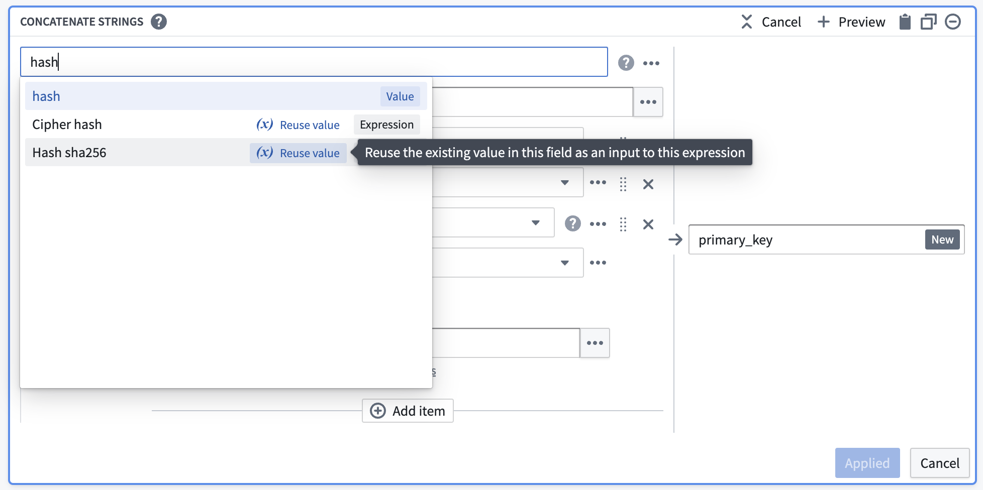 Screenshot of reuse value with hash sha256 transform