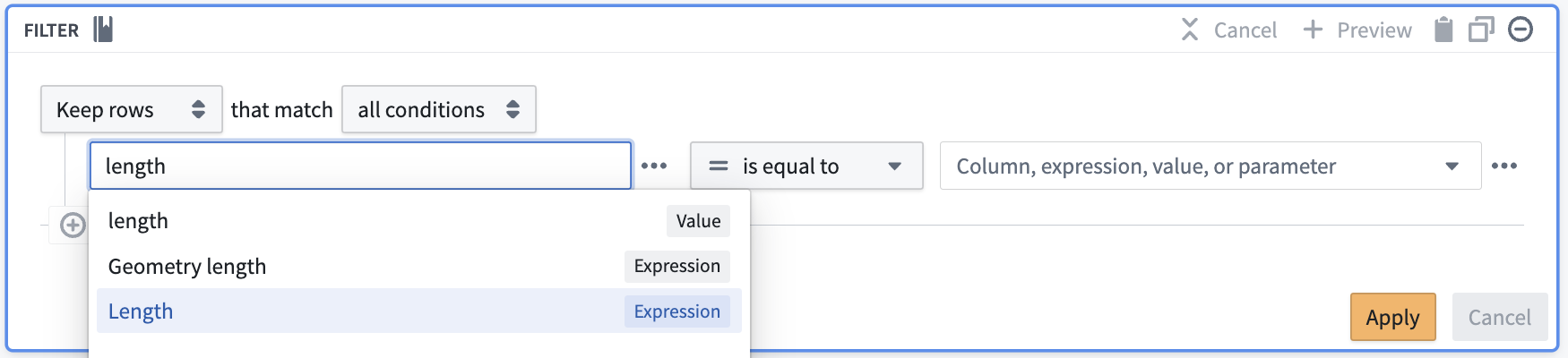 Screenshot of configuration showing filter transform