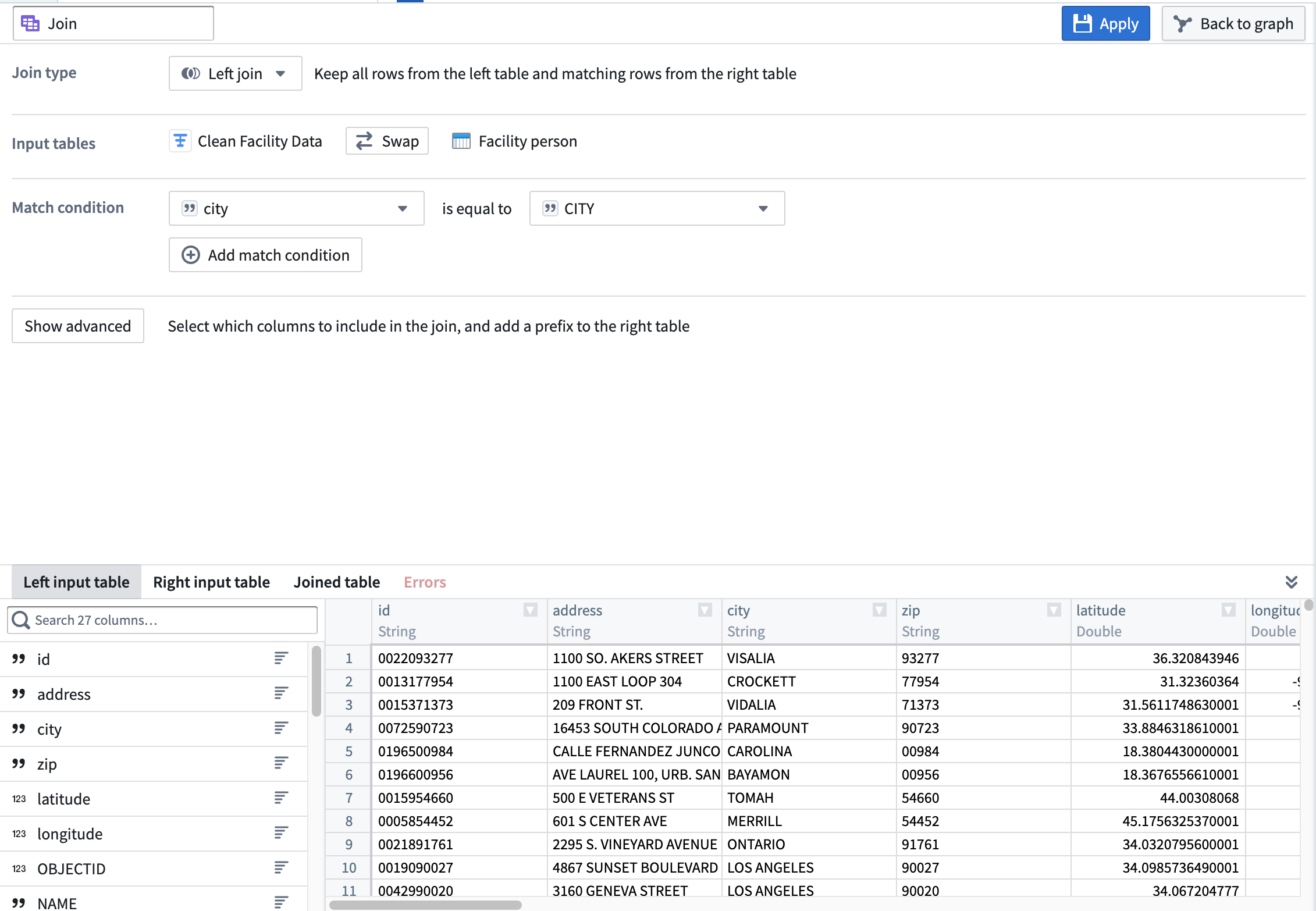 Screenshot of transform configuration