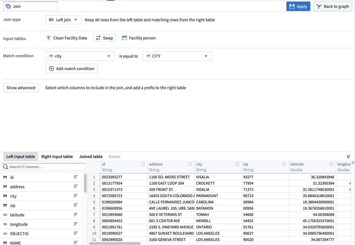 Screenshot of transform configuration